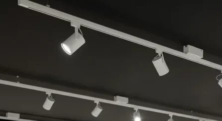 Ceiling track rail and spotlights over a retail floor