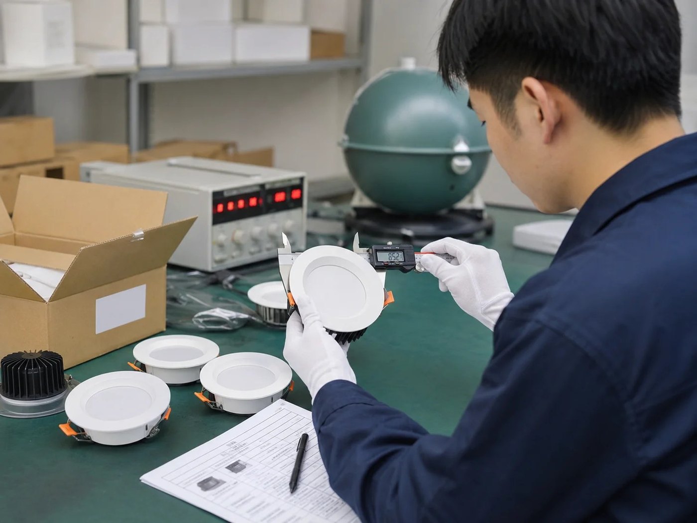 Technician measuring a track rail fitting in the factory