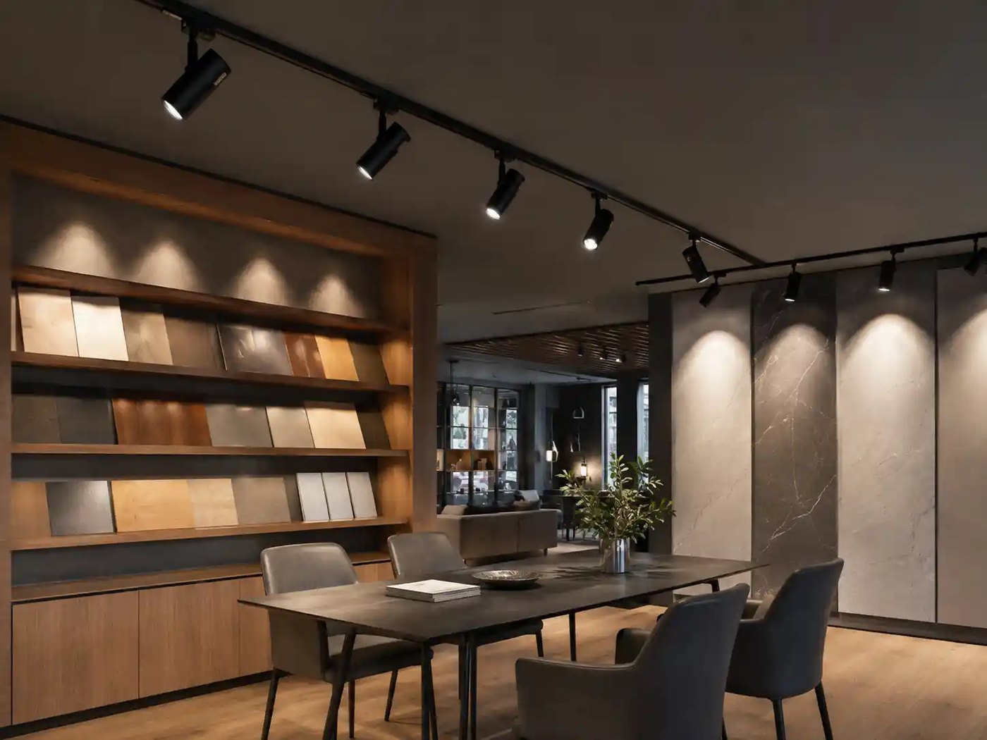 Black conventional track rail with spotlights in a materials showroom